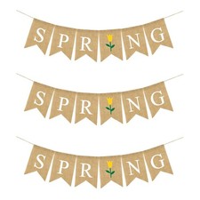  3pcs SPRING Letters Bunting Banner Decorative Flower Pattern Linen Burlap