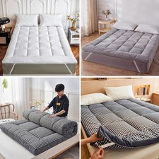 Rolling Futon Bed Mattress w/ Elastic Strap 10cm Thick Quilted Topper White/Grey