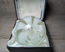 Boxed Paperweight Glass Clear With Delicate White Flower Please Read Slight Chip