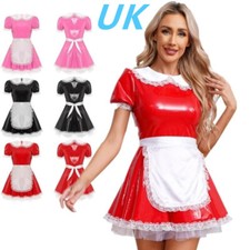 UK Women French Maid Cosplay Costume PVC Leather Mini Dress with Apron Clubwear
