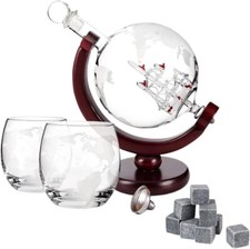 Whiskey Decanter Globe Ship & Whiskey Glasses & Stones NEW Whiskey Gift Set