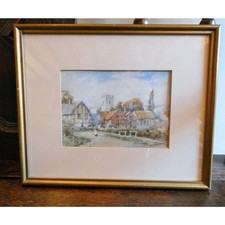 Antique Watercolour Village Church Scene Woman & Chickens Signed T E Francis Art