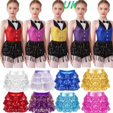 UK Kids Latin Jazz Dance Costume Fringe Samba Tango Sequins Tassel Leotard Dress