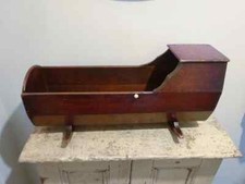 Antique folk art wooden doll's crib, Victorian primitive rocking doll's cradle  