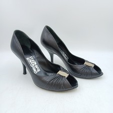 Salvatore Ferragamo Black Patent Leather Open Peep Toe Logo Heels Shoes UK 5