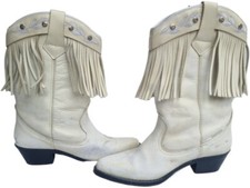 Fringe Leather Western Boots 6 White Cowboy Cowgirl Vintage Line Dancing Boho