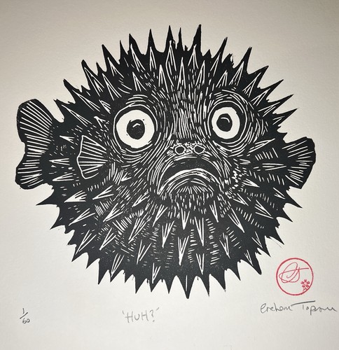 Hand carved pufferfish linocut - hand,