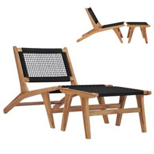 Wooden Sun Lounger Solid Teak Wood Black Woven Rope Steamer Chair With Footstool