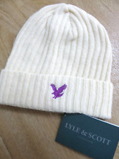 SECOND! Lyle & Scott cream beanie hat ladies womens wool ribbed eagle woollen