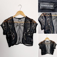 F&F Black Sheer Mesh Gold Sequin Bolero Shrug Jacket Size Small Evening Party
