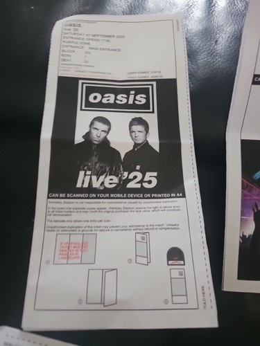 Oasis live ticket stub - 25,