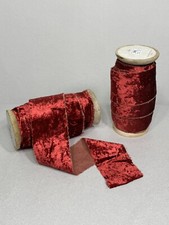 Anthropologie Frayed Velvet 2.5 Inch Red Ribbon Wooden Spools 54ft 24in READ