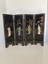 Vintage Japanese Wooden Black-Lacquered Geisha 4 Panel Tabletop Screen Divider