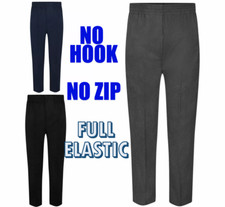 BOYS ALL AROUND FULL ELASTICATED PULL UP SCHOOL TROUSERS NO HOOK CLIP UNIFORM