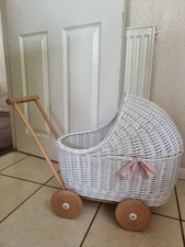 Rattan Wicker Dolls Pram White With Wooden Wheels and Pink Bow
