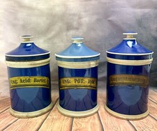 3 x ANTIQUE 1880's APOTHECARY BLUE CERAMIC JARS CHEMIST BOTTLES 26cms SUSSEX