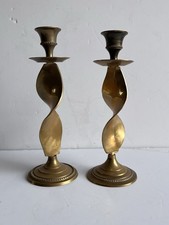 Vintage Pair Of Old Brass Spiral Twisted Stem Candlesticks 8.5” Tall
