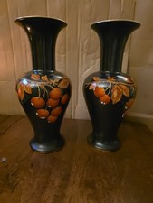 Pair Vtg Moorcroft Style Black  Fruit Tree Handpainted Vases