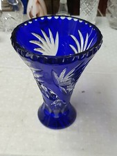 Blue Bohemian Cut Crystal Vase