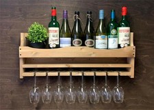 Large Wine Rack Wine Shelf Rustic Bottle & 8 Glass Holder Home Bar Wood (8WO)EM