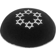 16 cm Black Knitted Kipah Kippah Yarmulke 6 Silver Embroidered Star Magen David