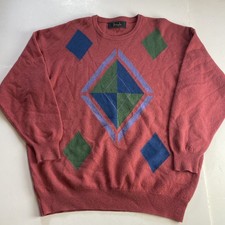 Pringle Scotland Vintage Mens Pink Wool Argyle Golf Knit Crew Jumper Size XL