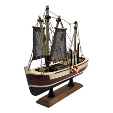 Vintage Wooden Fishing Boat Model Ship on Stand Nautical Decor 23cm x 19cm