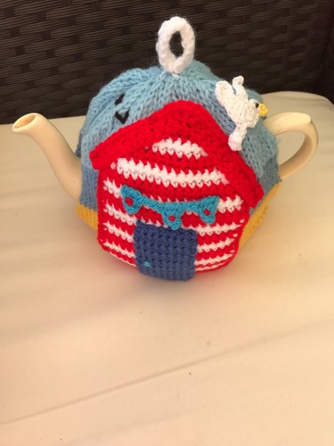 Hand knitted beach hut tea - knitted,