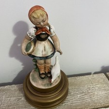 Vintage Schmid Rotating Musical Box Farm Girl Feeding Chicken Porcelain Figurine