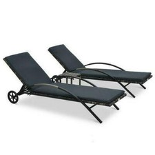 2 Reclining Loungers with Coffee Table Outdoor Sunbed Lounger Pool Garden Rattan