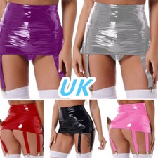 UK Womens PVC Leather Mini Skirt High Waist Skirt with Garter Belt for Stockings