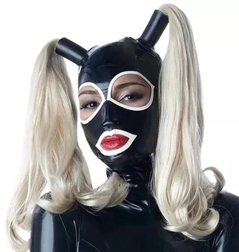 Black latex rubber twin tails - black,
