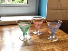 3 x Vintage Deco 1950s Aperitif / Cocktail Glasses Spray Coloured Stripes Gold
