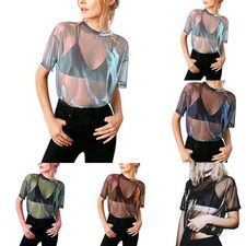 Trendy and Alluring Women's Shiny Sheer Mesh See Through Top T Shirt Blouse Tee