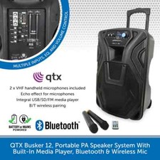 QTX Busker 12 Portable PA Speaker With Bluetooth, Media Player & 2 Wireless Mics