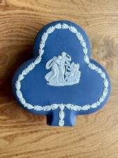 Wedgewood Dark Blue Jasper Vintage Trinket Pot & Lid  clover leaf shape. Rare 