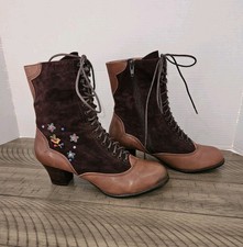 Miss L Fire Boots 40 / 9 Brown Leather Suede Bird Floral Boho Retro Victorian 