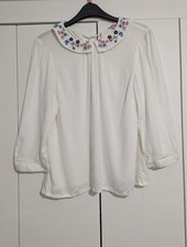 Cath Kidston Top Size 10 White Embroidered Floral Collar Casual Cottagecore