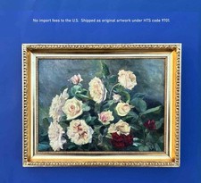 Antique Danish Painting 1908.  Crimson Roses . Oil on Board – COA – Framed