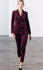 Zara Limited Edition Velvet Burgundy Fitted Blazer & Trousers Size S Co Ord Set