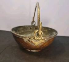 Antique Small Hammered Copper Pot with Heavy Forged Brass Handle, Diameter ~15cm