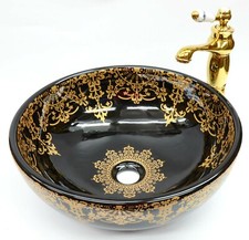 Vintage Black Gold Floral Pattern Bathroom Ceramic Counter Top Wash Basin Sink 