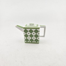 Miniature Green & White China Teapot – Geometric Diamond Pattern, Vintage 
