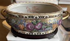 Vintage Large Chinese Foot Bath Planter Koi Floral Gold Oriental Accent w/stand