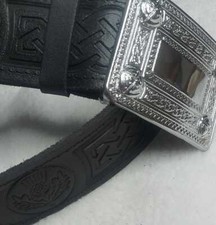 Black Leather Scottish Kilt Belt |  Highland Wear Chrome Buckle  Celtic leaves