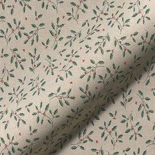 Linen Look Canvas Fabric - Holly Leaf on Natural Christmas Craft Fabric Material