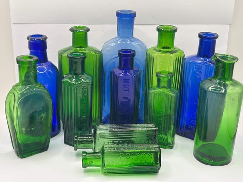 Old coloured glass bottles - 12,