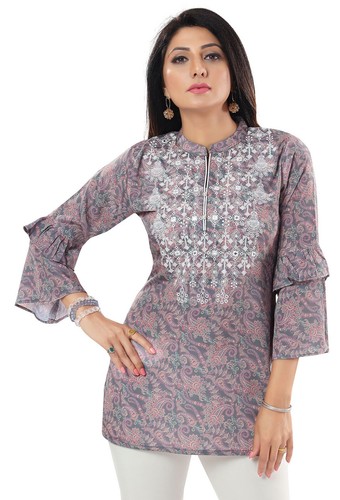 Ladies grey embroidered kurti - embroidered,