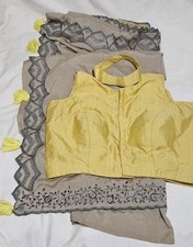 SAREE Sari Beige Yellow Blouse Embroidered Tassel Wedding Party Ethnic Indian 