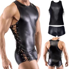 Men's PVC Leather Sleeveless T-shirts Vests Tops Lace-up Zipper Shorts Clubwear